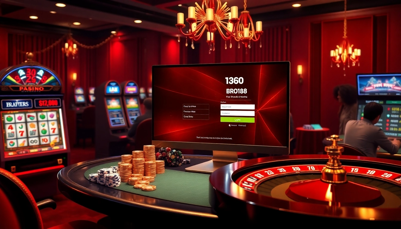 Engaging atmosphere of a luxury casino showcasing the bro138 login interface with players at slots and poker tables.