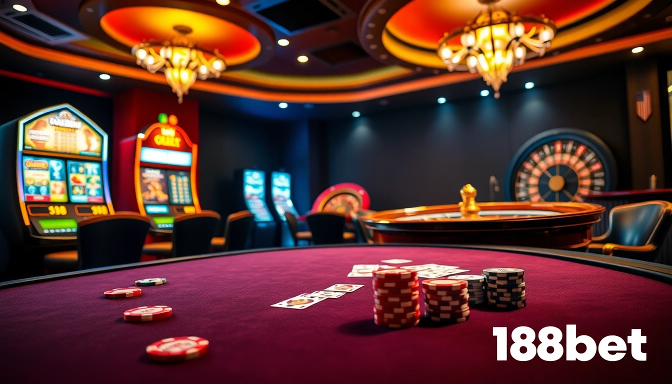 Experience the vibrant action of 188bet at a luxurious casino poker table.
