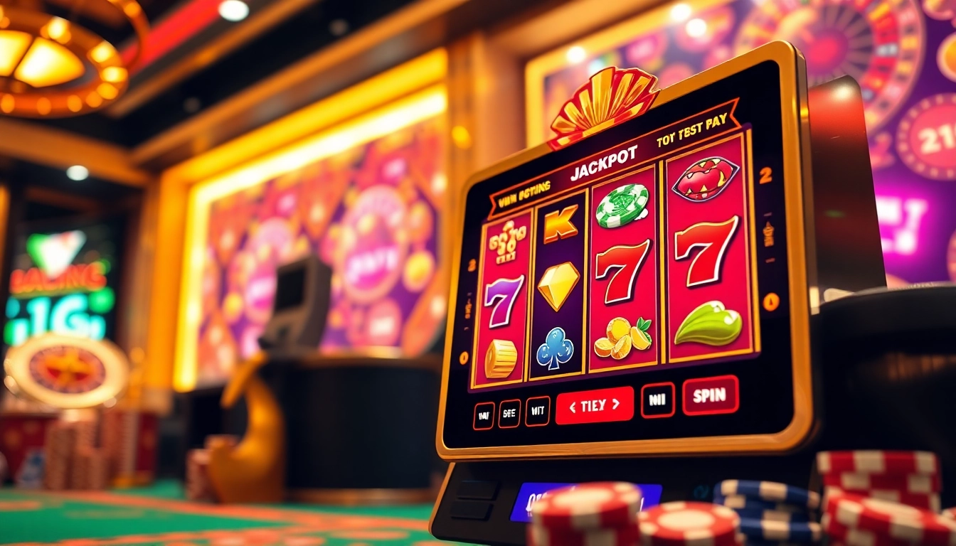Engage in nổ hũ đổi thưởng excitement with a modern slot machine scene showcasing vibrant colors and luxury.