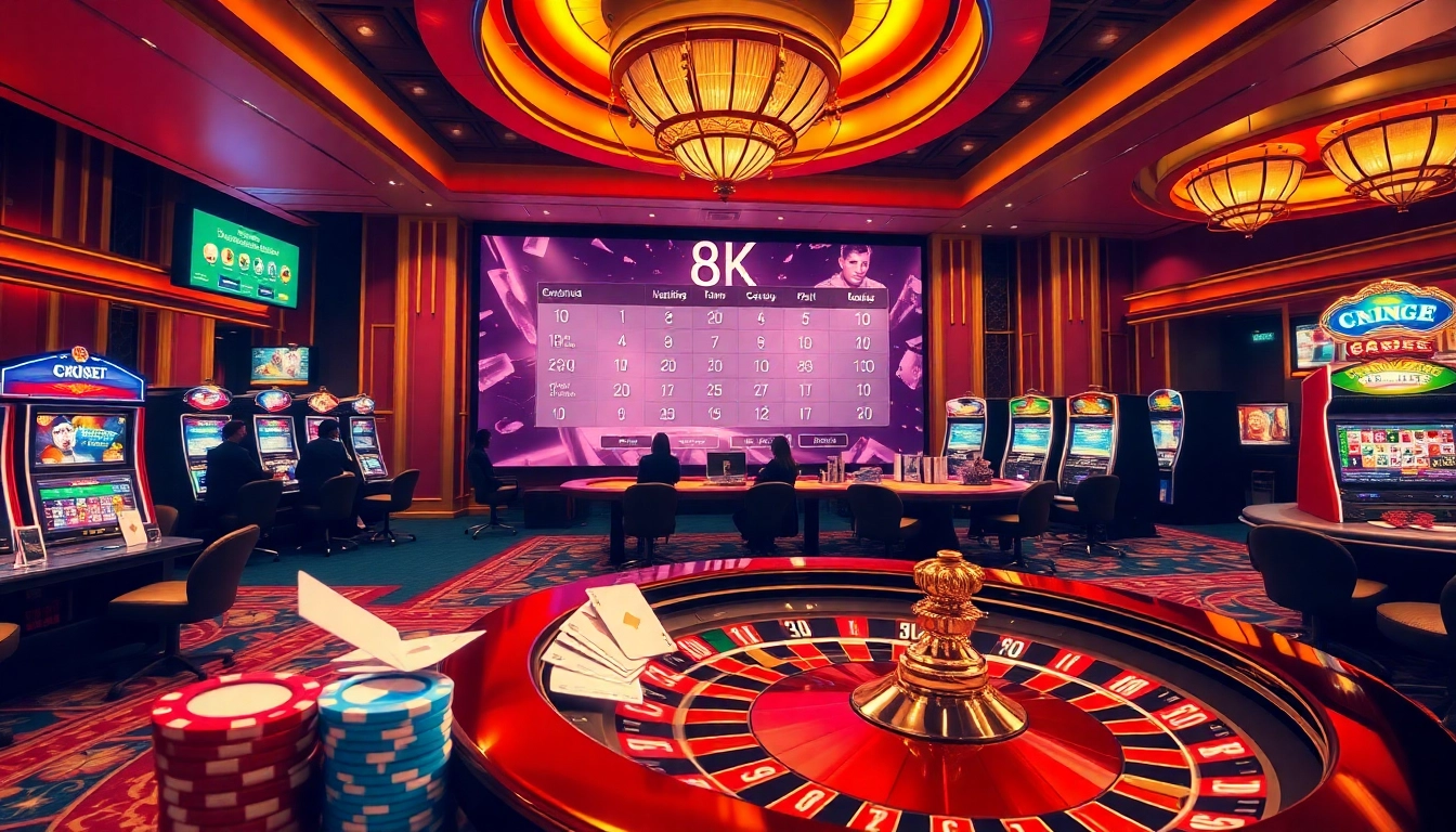 8kbet gamblers enjoying an exciting online casino experience with vibrant slot machines and poker tables.