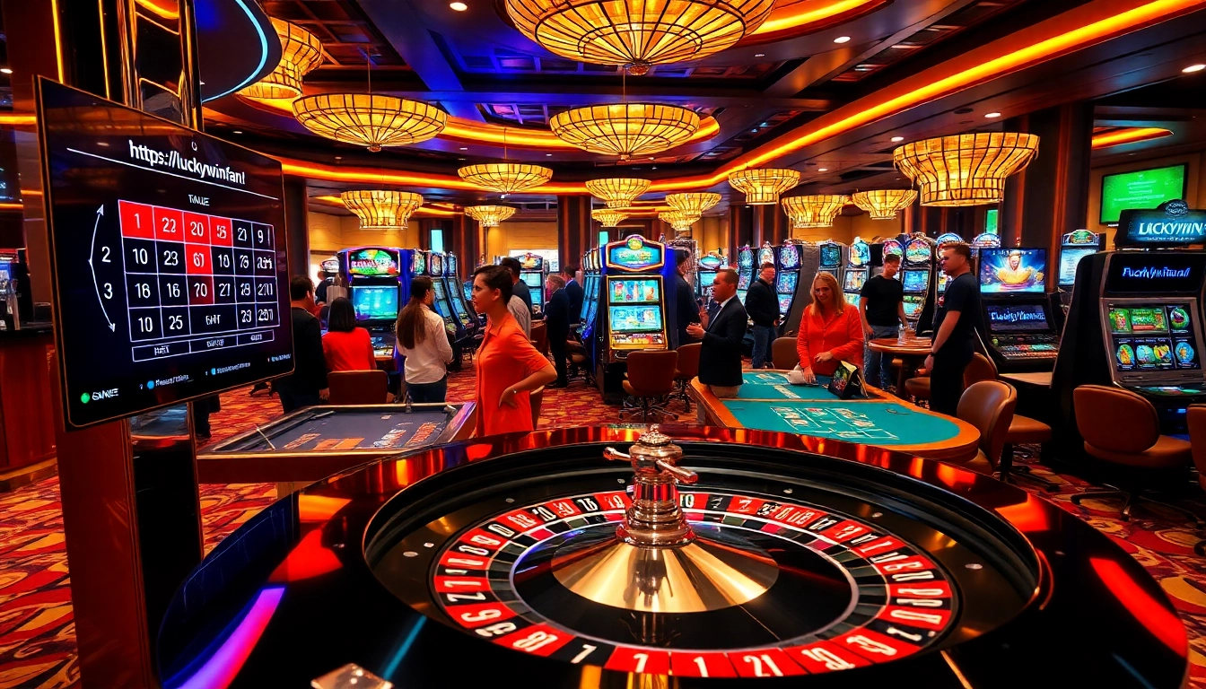 Excited players engage with the dynamic features of https://luckywin.fan/ in a vibrant casino scene.