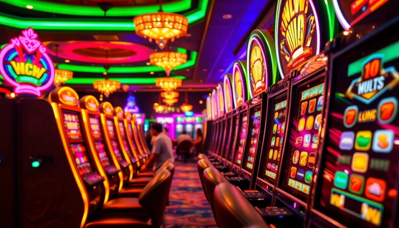Players enjoying exciting slot games in a vibrant casino atmosphere, featuring colorful machines and thrilling action.