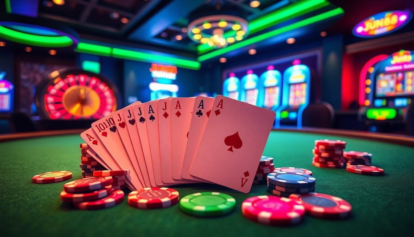 Experience the thrill of casino gaming at Jun88 with vibrant poker chips and spinning roulette.