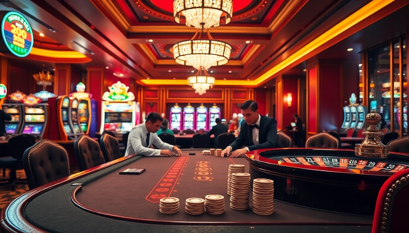 The dynamic gaming atmosphere at https://lu88bb.com/ showcases an elegant poker table filled with excited players and bright slot machines.
