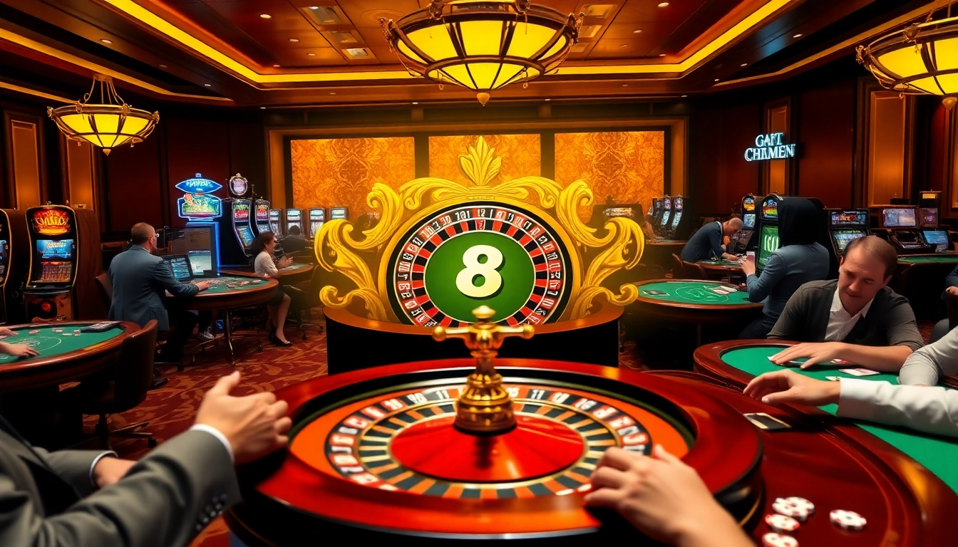LUCK8 casino scene with roulette wheel, poker chips, and excited players betting.
