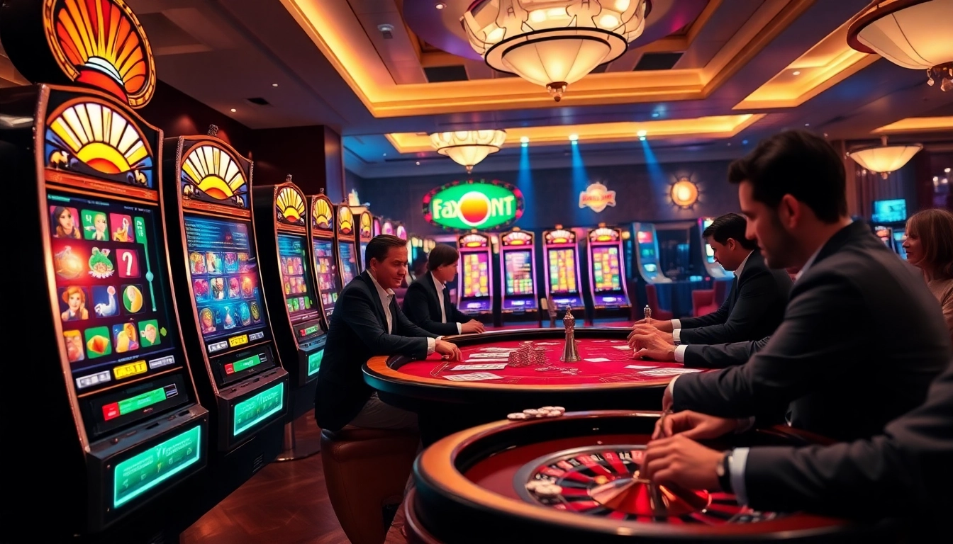 Exciting gameplay at slot gacor machines in a luxurious casino with vibrant lights.