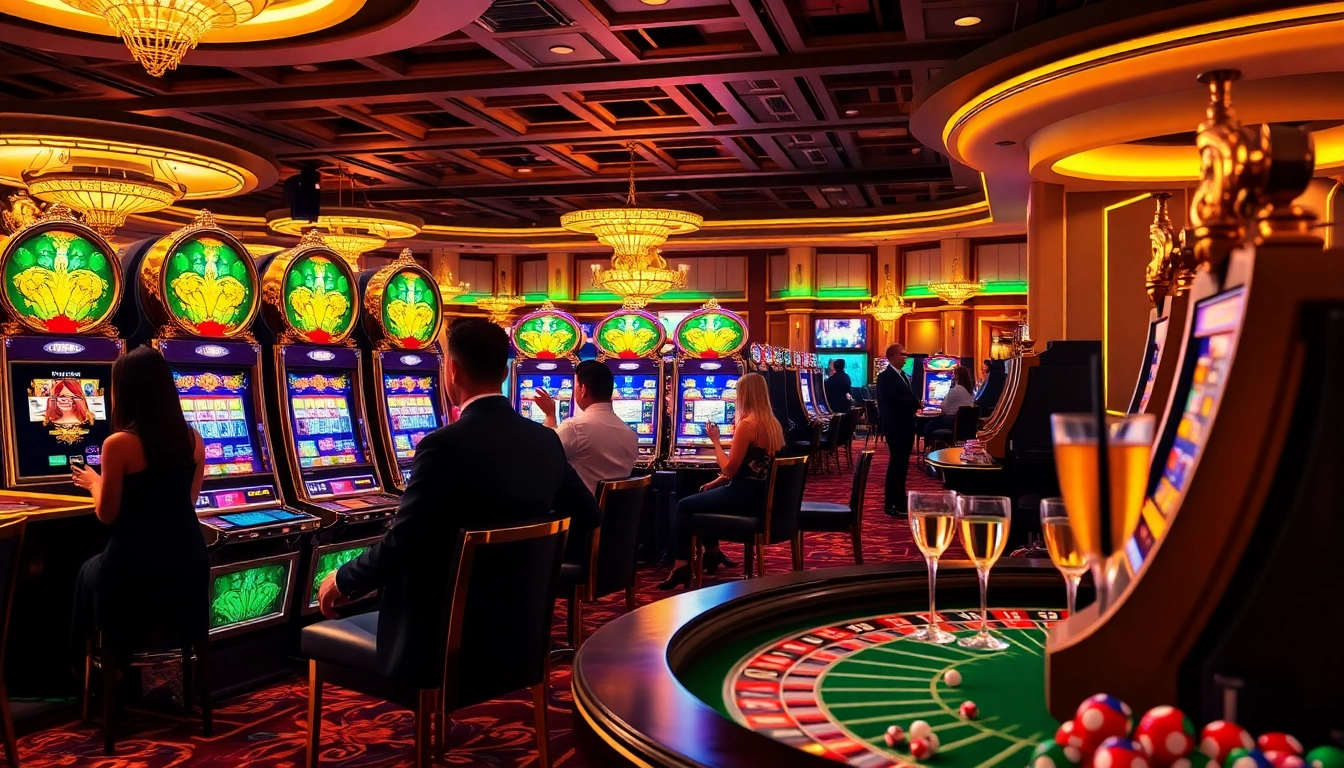 Pemain menikmati permainan slot gacor di suasana kasino mewah dengan mesin slot yang terang.