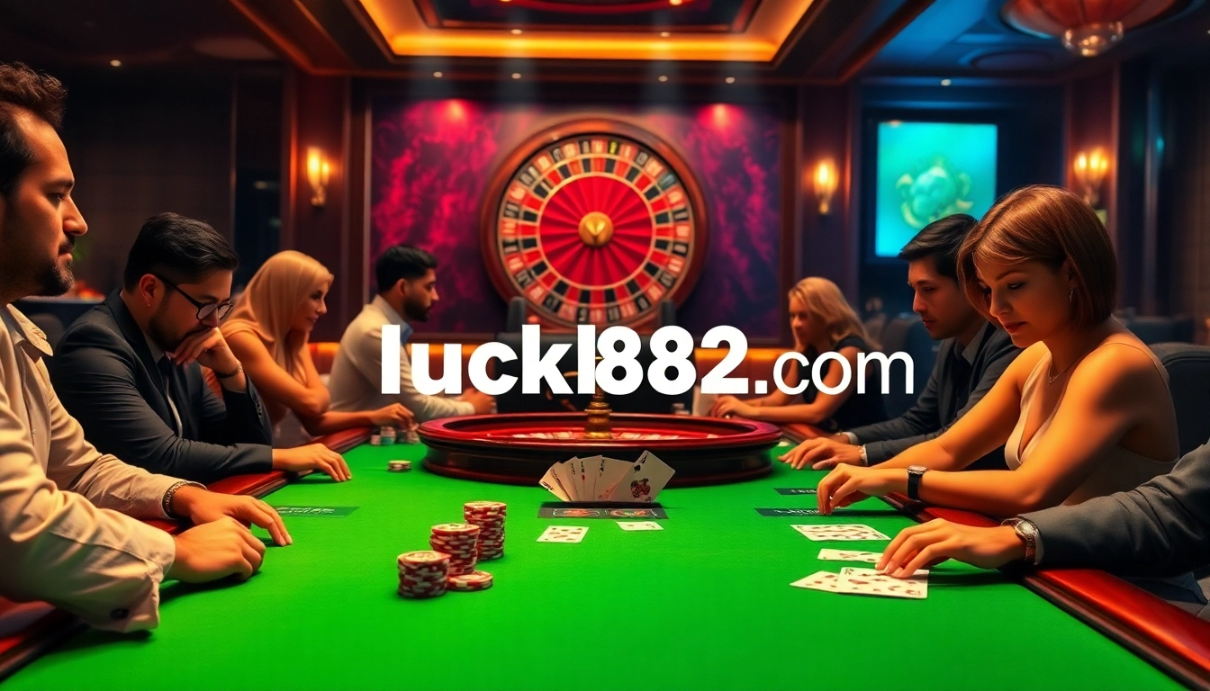 Experience thrilling gameplay at https://luck882.co.com/ with an elegant poker table surrounded by engaged players.