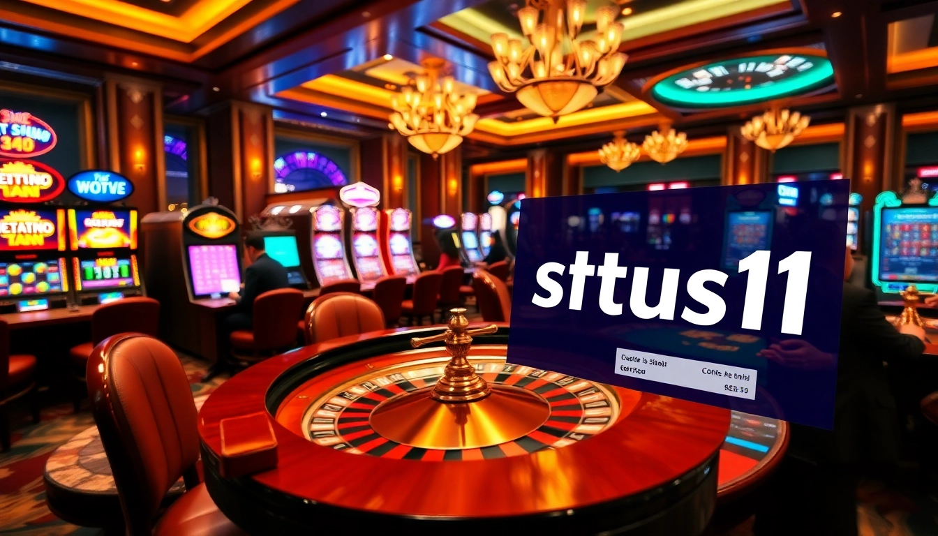 Situs11 showcases an exciting casino scene with roulette, poker, and vibrant slot machines.