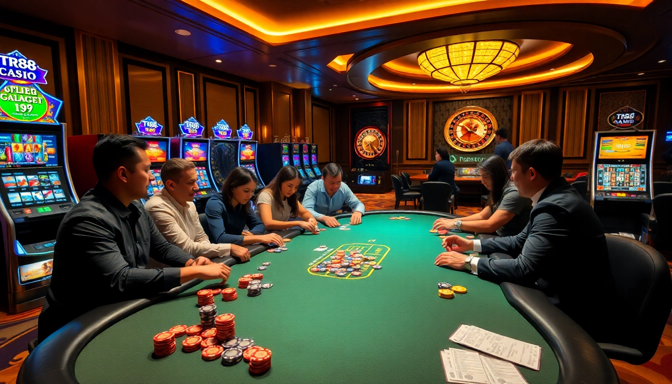Players enjoying the excitement of TR88 with poker chips at a vibrant casino table.