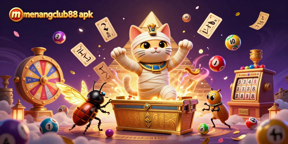Experience adventure and fortunes with menangclub88 apk in this vibrant casino scene featuring an Egyptian mummy cat.
